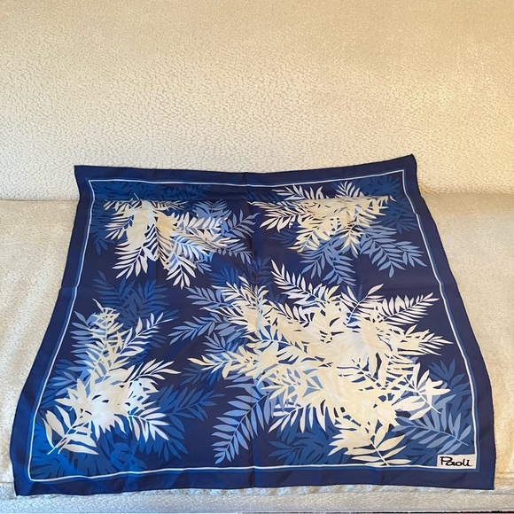 VTG  Paoli Square Neck Scarf Blue White Yellow Fern Leaf Preppy Nautical 26.5in - Picture 1 of 5